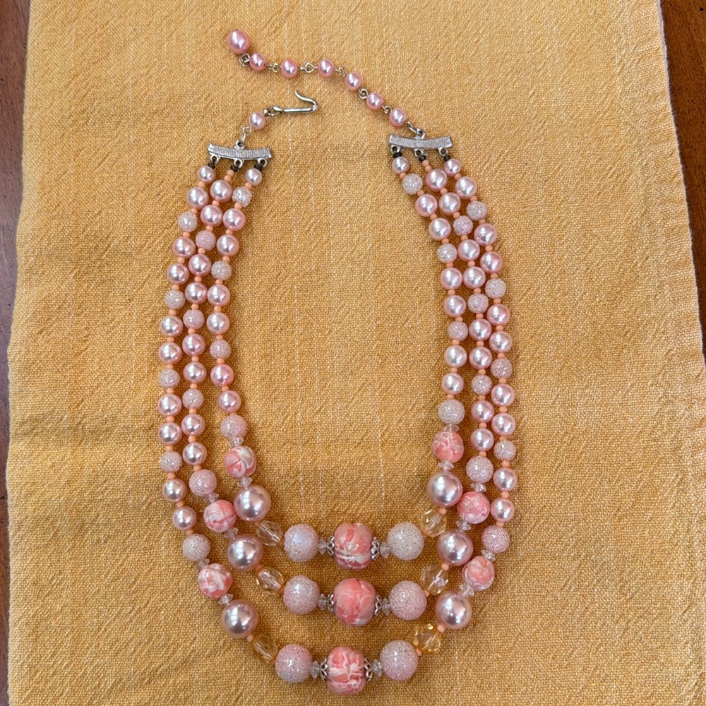 Vintage Necklace - triple strand, peach color.